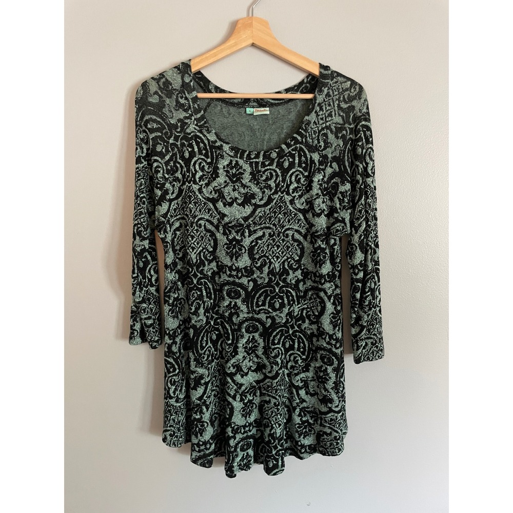 Tianello Sochi Tunic Women Large Blue Black Damask Paisley 3/4 Sleeve Boho Top